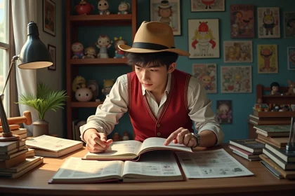 Jeune homme passionné lisant un tome de One Piece entouré de figurines et de posters d'anime dans sa chambre