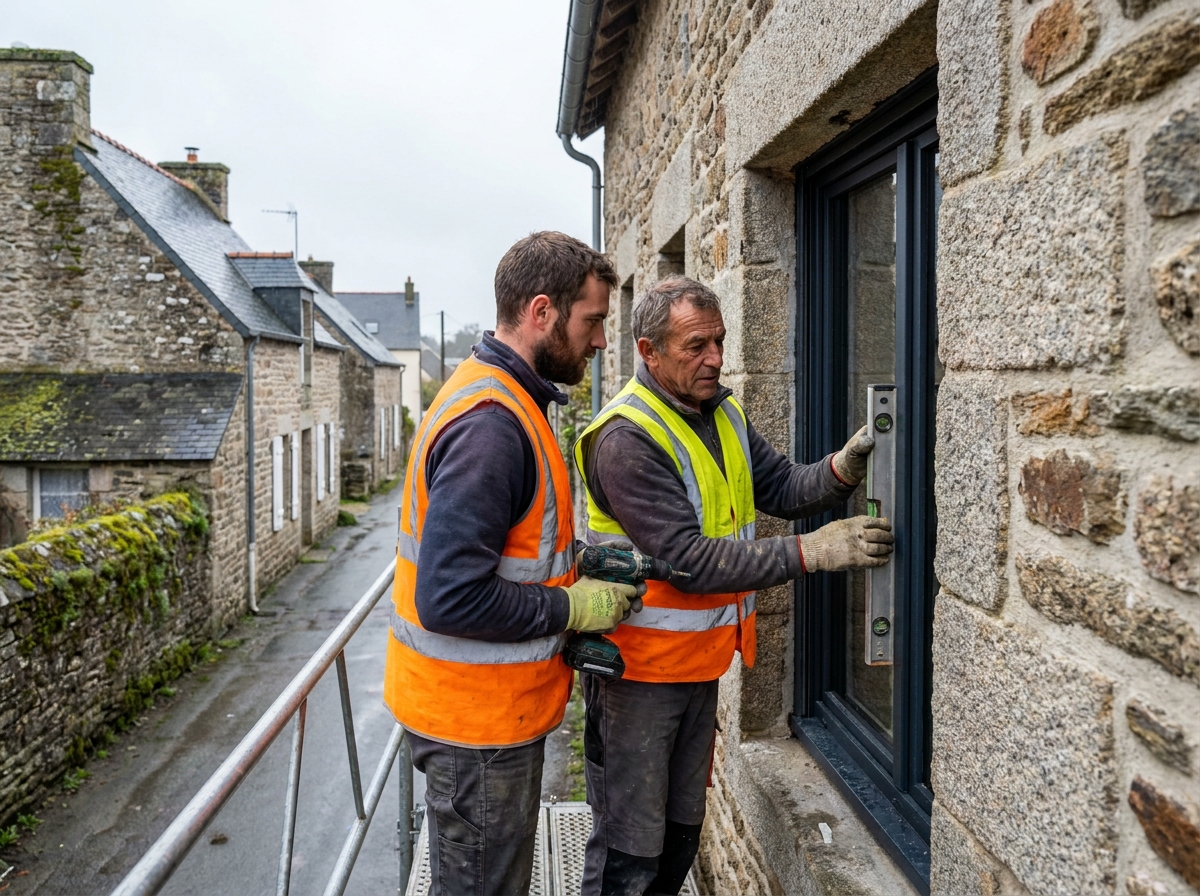 Deux ouvriers posant une fenêtre à double vitrage sur une maison en pierre dans le Finistère