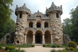 Façade du Palais Idéal du Facteur Cheval à Hauterives avec ses sculptures en pierre et ses ornements fantastiques
