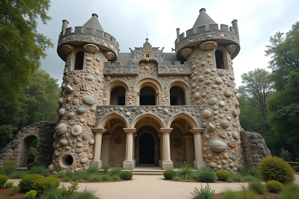Façade du Palais Idéal du Facteur Cheval à Hauterives avec ses sculptures en pierre et ses ornements fantastiques
