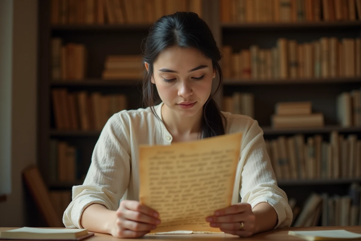 Femme consultant un ancien document manuscrit dans une salle d'archives pour retrouver une date de naissance