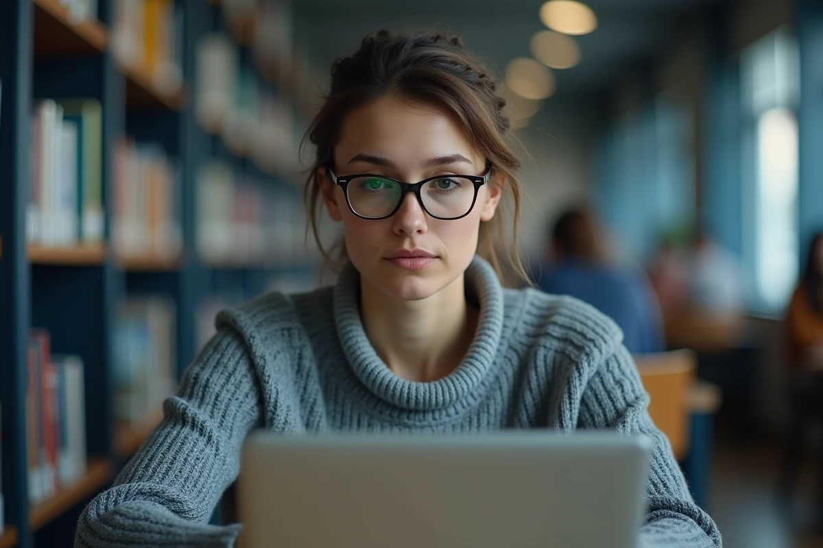 Femme effectuant une recherche généalogique en ligne dans une bibliothèque pour retrouver une date de naissance