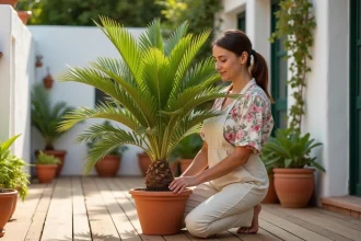 Femme rempotant un palmier Areca dans un pot en terre cuite sur une terrasse méditerranéenne ensoleillée