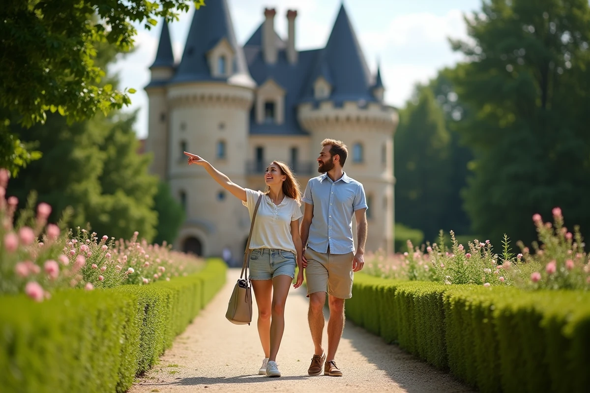 Couple de visiteurs se promenant dans les jardins du Palais Idéal du Facteur Cheval à Hauterives en été
