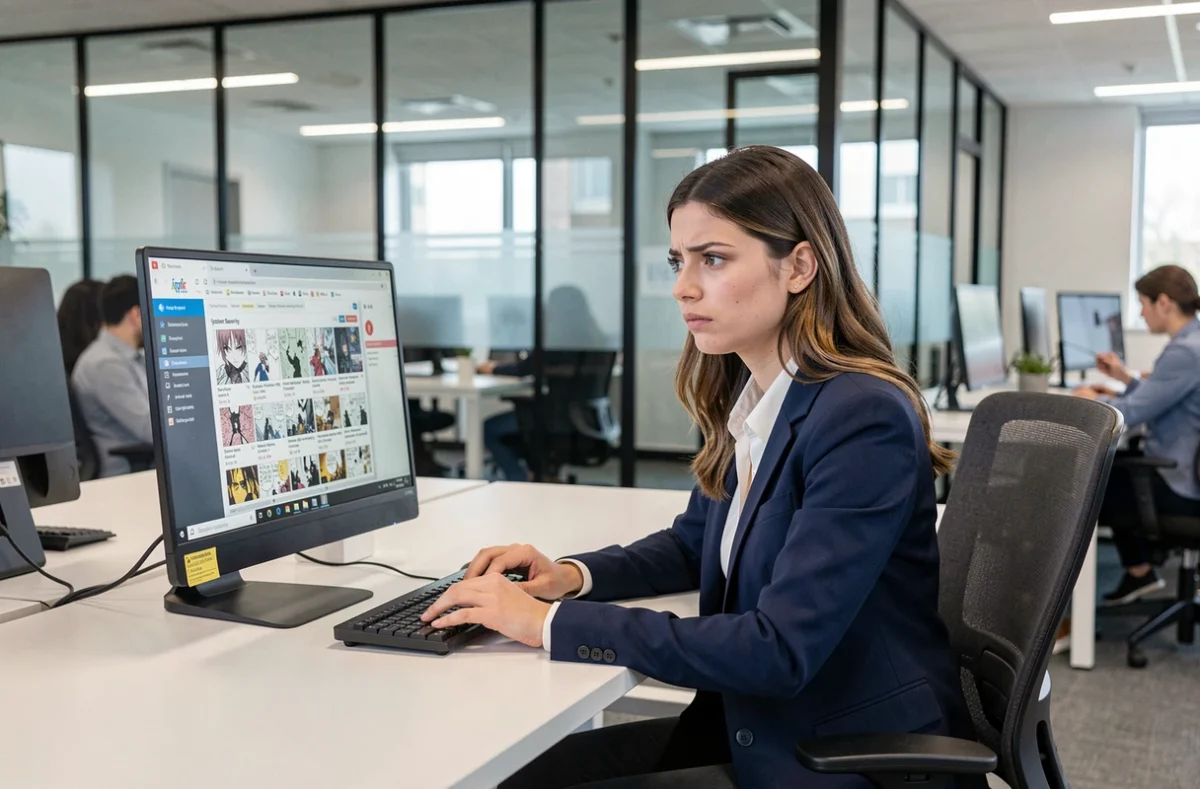 Femme professionnelle dans un bureau découvrant une alerte de sécurité sur un ordinateur après avoir visité un site de scan manga