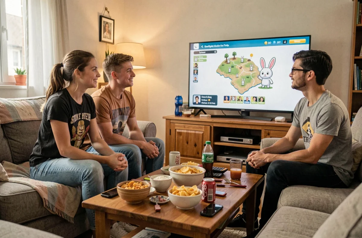 Deux amis jouant ensemble à un jeu vidéo fantasy avec une quête de lapin sur l'écran