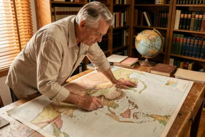 Cartographe étudiant une carte politique de l'Asie avec les îles voisines, délimitant les frontières géographiques du continent asiatique