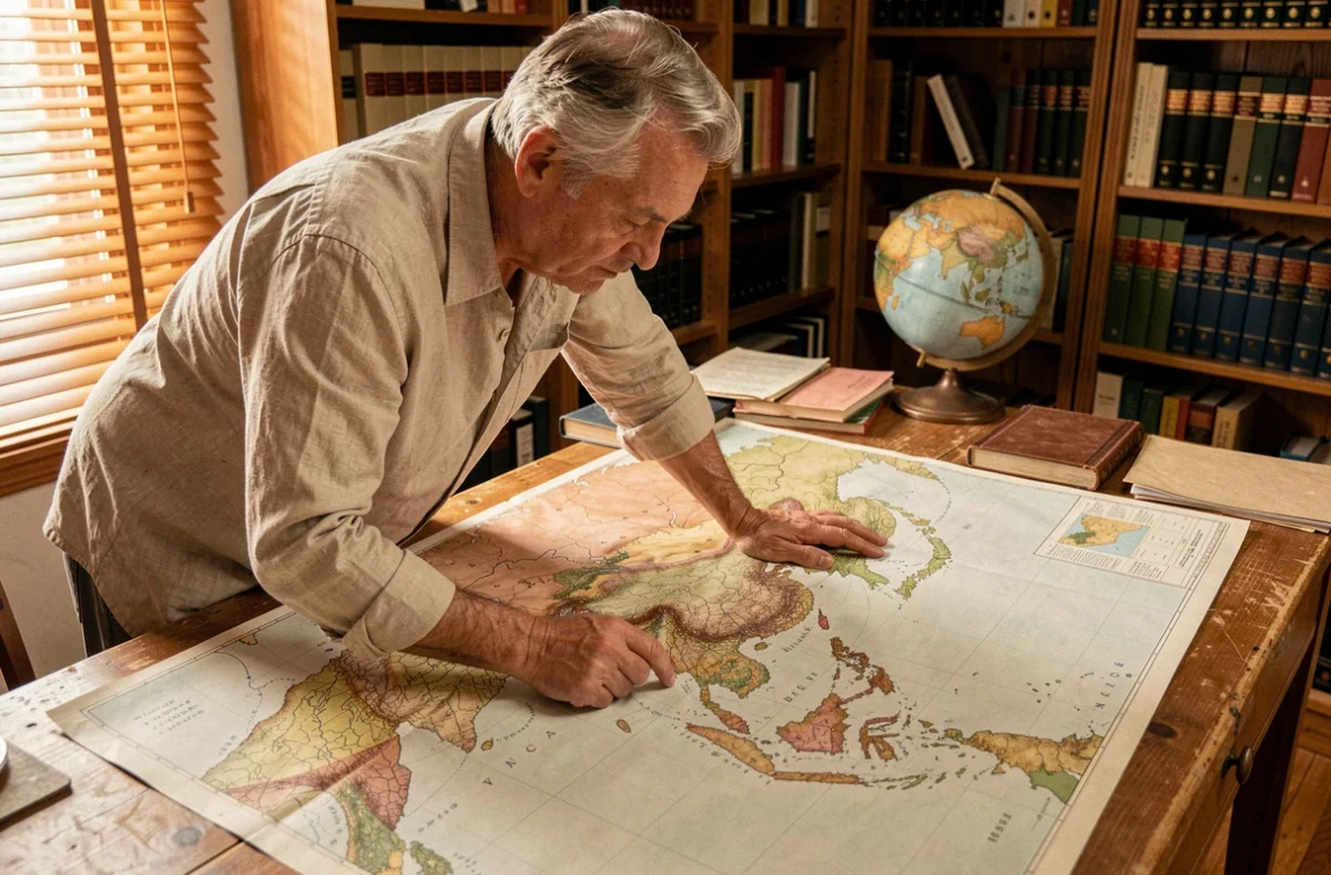 Cartographe étudiant une carte politique de l'Asie avec les îles voisines, délimitant les frontières géographiques du continent asiatique