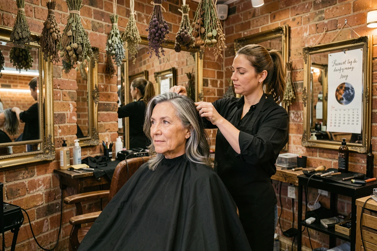 Coiffeuse coupant les cheveux d'une cliente selon les phases de la lune dans un salon artisanal
