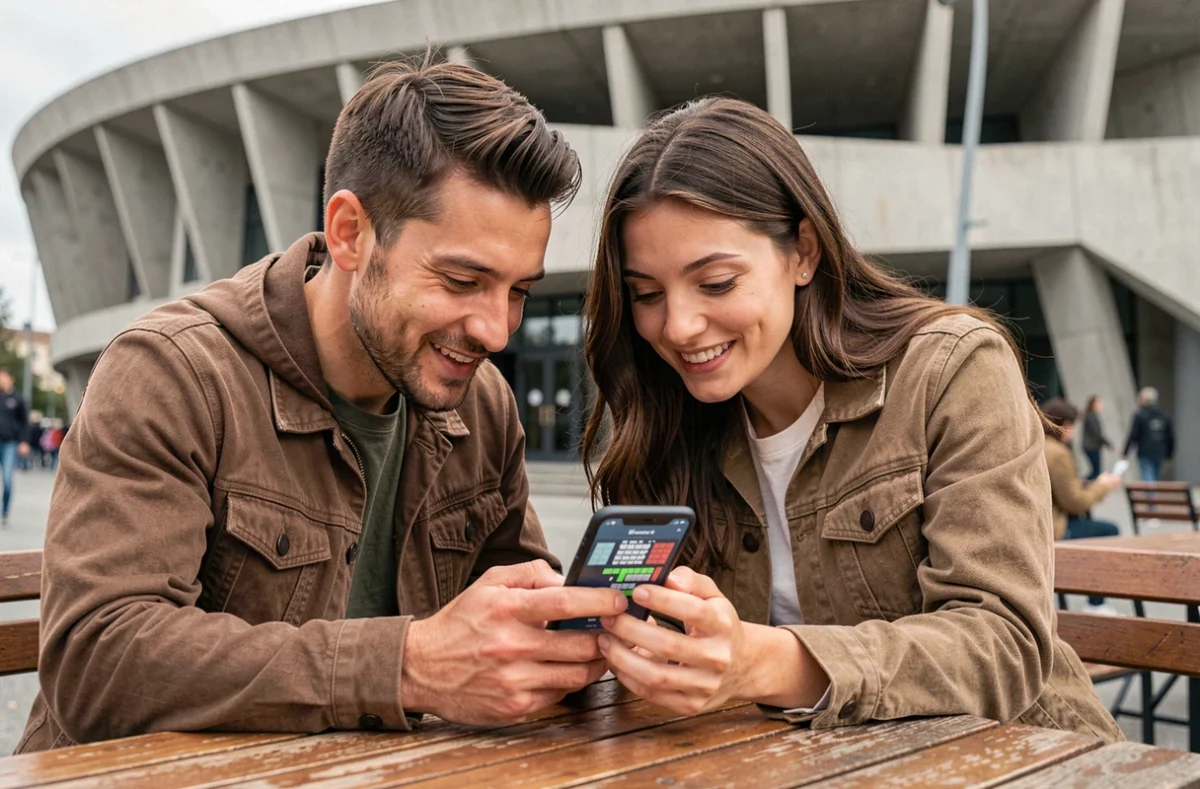 Couple consultant le plan de salle Bercy sur smartphone devant l'entrée de la salle de concert