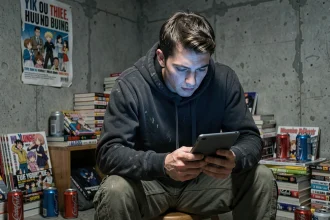 Jeune homme déterminé consultant une tablette dans un appartement encombré, symbolisant le début du parcours d'un héros dans un manga de progression par système de triche