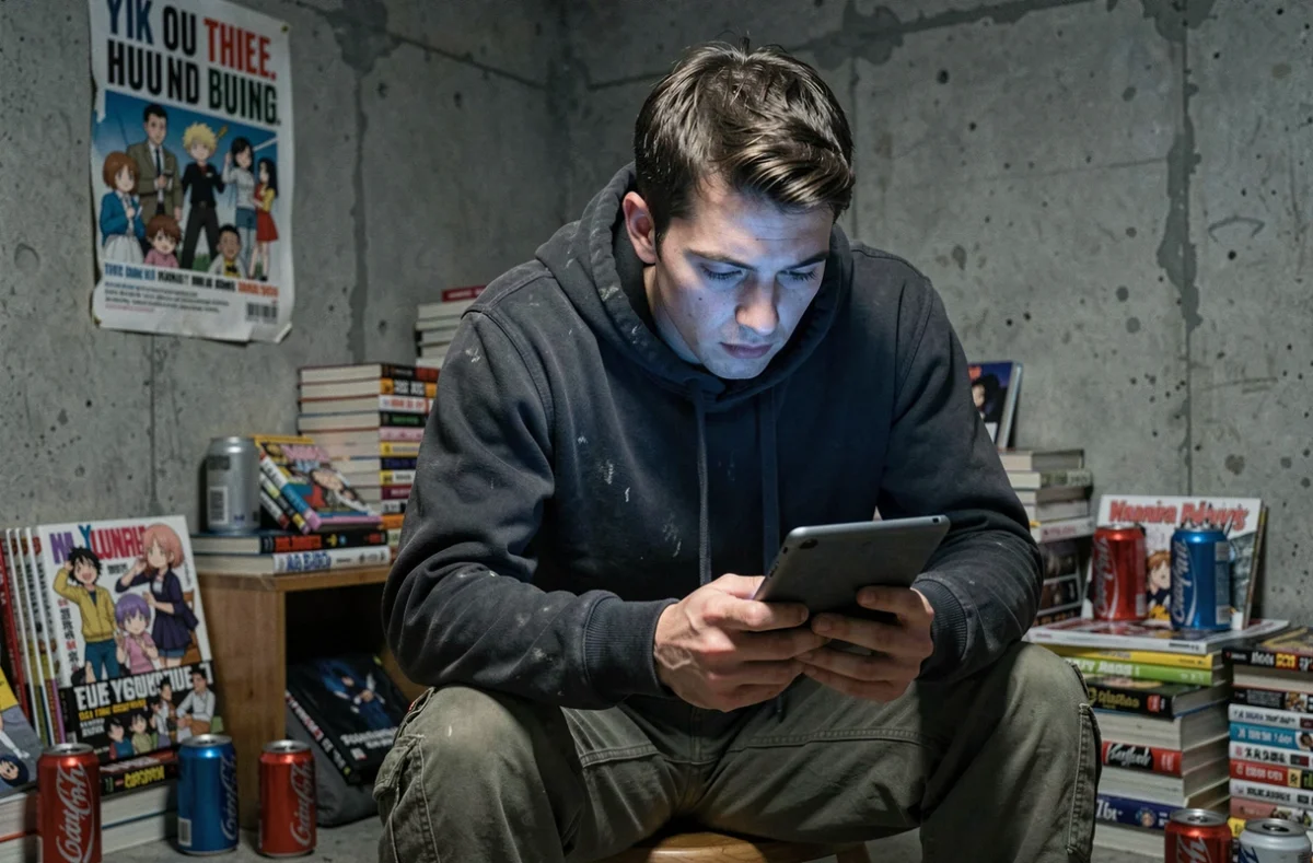 Jeune homme déterminé consultant une tablette dans un appartement encombré, symbolisant le début du parcours d'un héros dans un manga de progression par système de triche