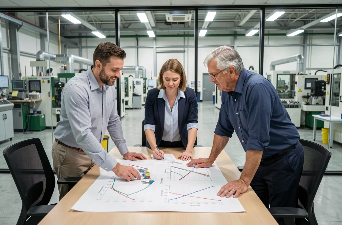 Équipe qualité collaborant sur des graphiques de capabilité de procédé et des données PPM dans une usine moderne