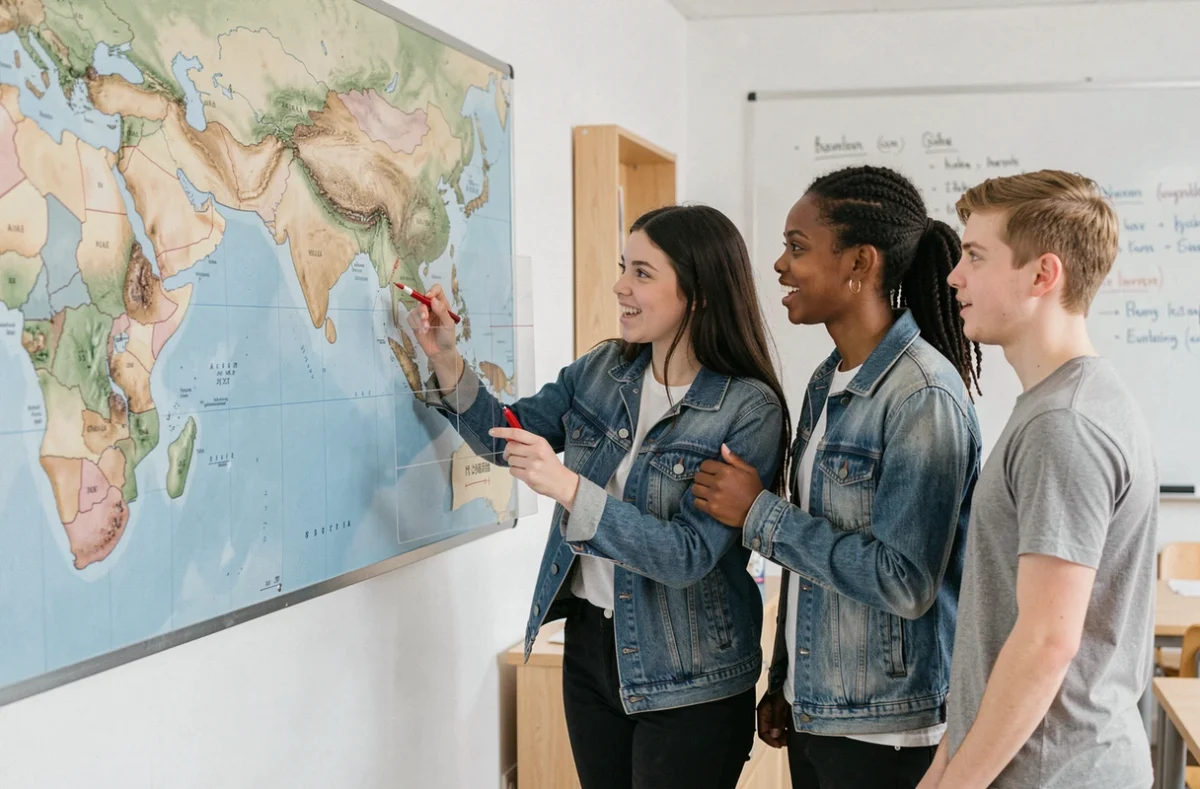 Étudiants en géographie discutant des limites du continent asiatique et des îles voisines autour d'une carte murale physique