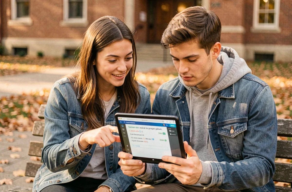 Deux jeunes adultes consultant ensemble un quiz d'orthographe sur tablette sur un banc de campus universitaire en automne