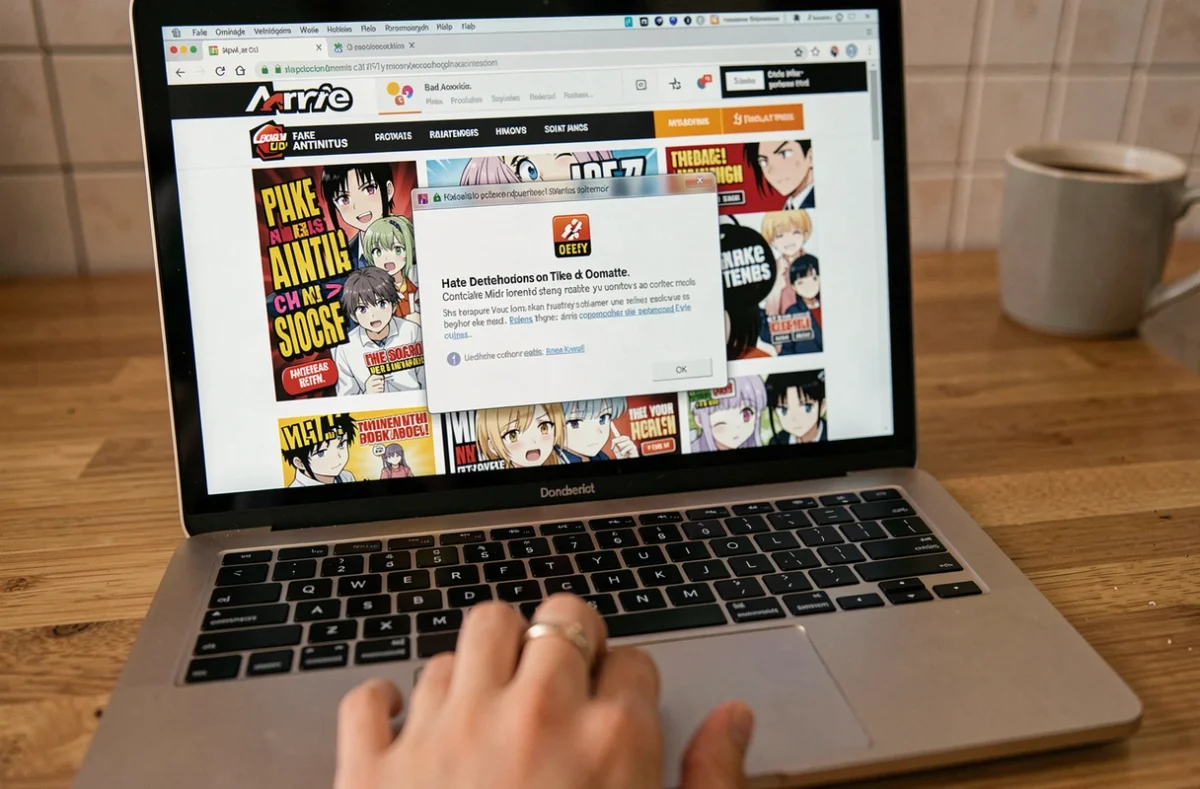 Gros plan d'un ordinateur portable affichant un faux avertissement antivirus sur un site de scans Naruto avec publicités intrusives