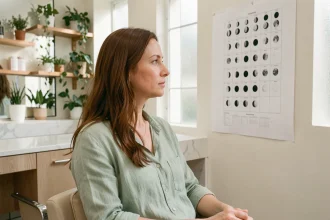 Femme en salon de coiffure consultant un calendrier lunaire 2026 pour planifier sa coupe de cheveux