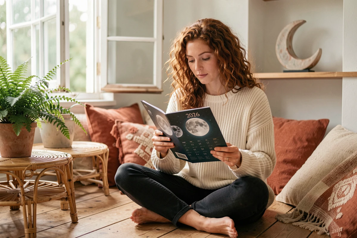 Jeune femme aux cheveux bouclés consultant un calendrier lunaire 2026 chez elle pour planifier sa coupe