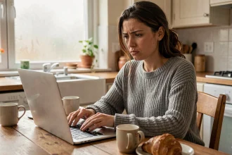 Femme concentrée jouant à un jeu de mots sémantique sur son ordinateur portable dans une cuisine chaleureuse