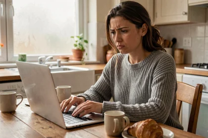 Femme concentrée jouant à un jeu de mots sémantique sur son ordinateur portable dans une cuisine chaleureuse