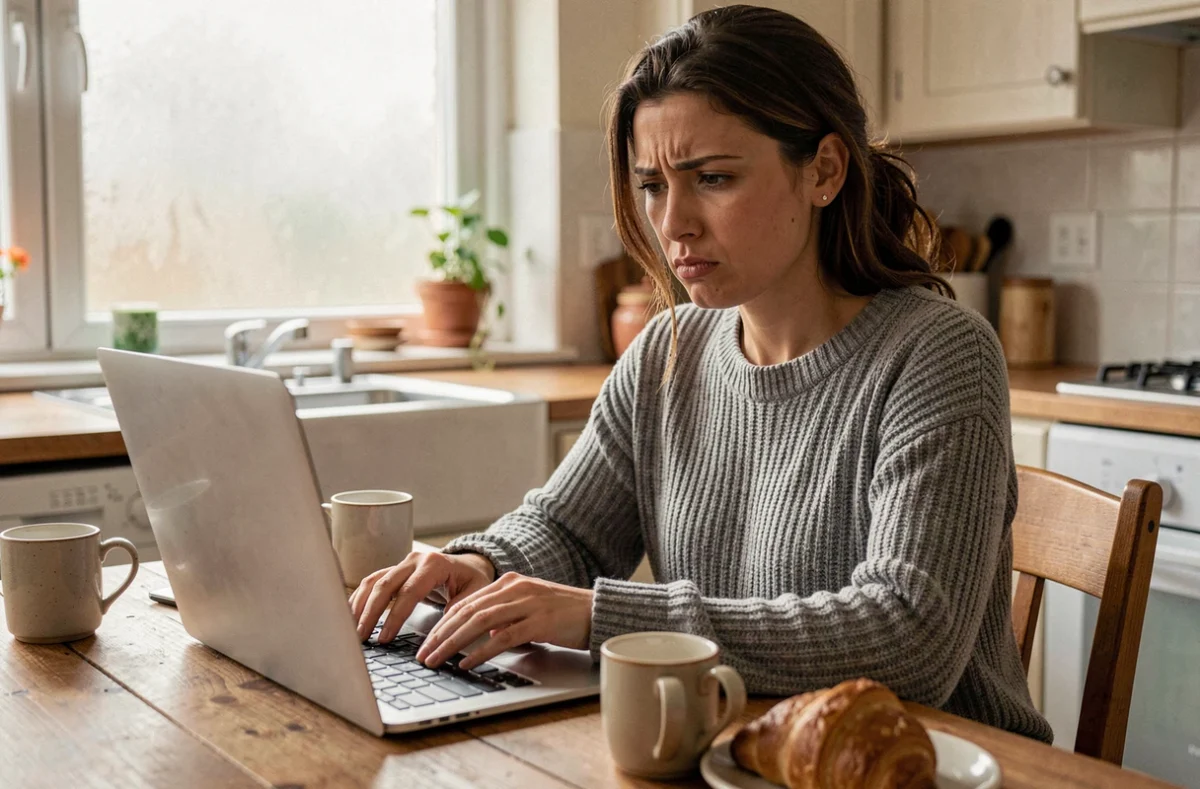 Femme concentrée jouant à un jeu de mots sémantique sur son ordinateur portable dans une cuisine chaleureuse