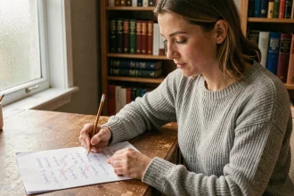 Femme concentrée révisant un quiz d'orthographe sur papier avec un crayon à la main dans un bureau à domicile entouré de dictionnaires