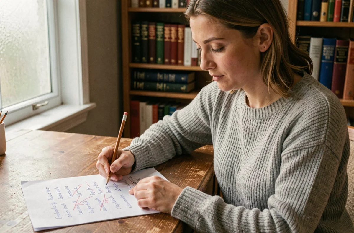 Femme concentrée révisant un quiz d'orthographe sur papier avec un crayon à la main dans un bureau à domicile entouré de dictionnaires
