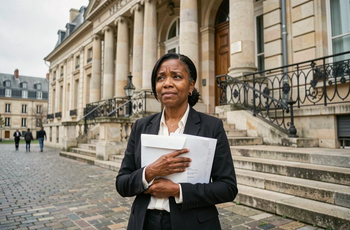 Une femme réfugiée devant une préfecture française tenant ses documents de demande de nationalité