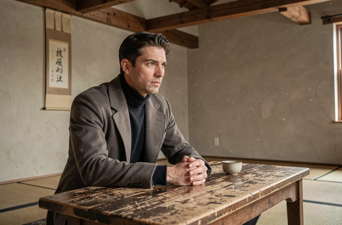 Homme mature et stratège assis dans un dojo traditionnel, représentant la maturité et la sagesse acquises par un héros au terme de son évolution dans un manga de système