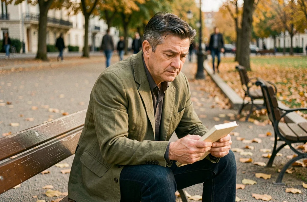 Homme assis sur un banc dans un parc parisien en automne, carnet fermé entre les mains, expression réservée
