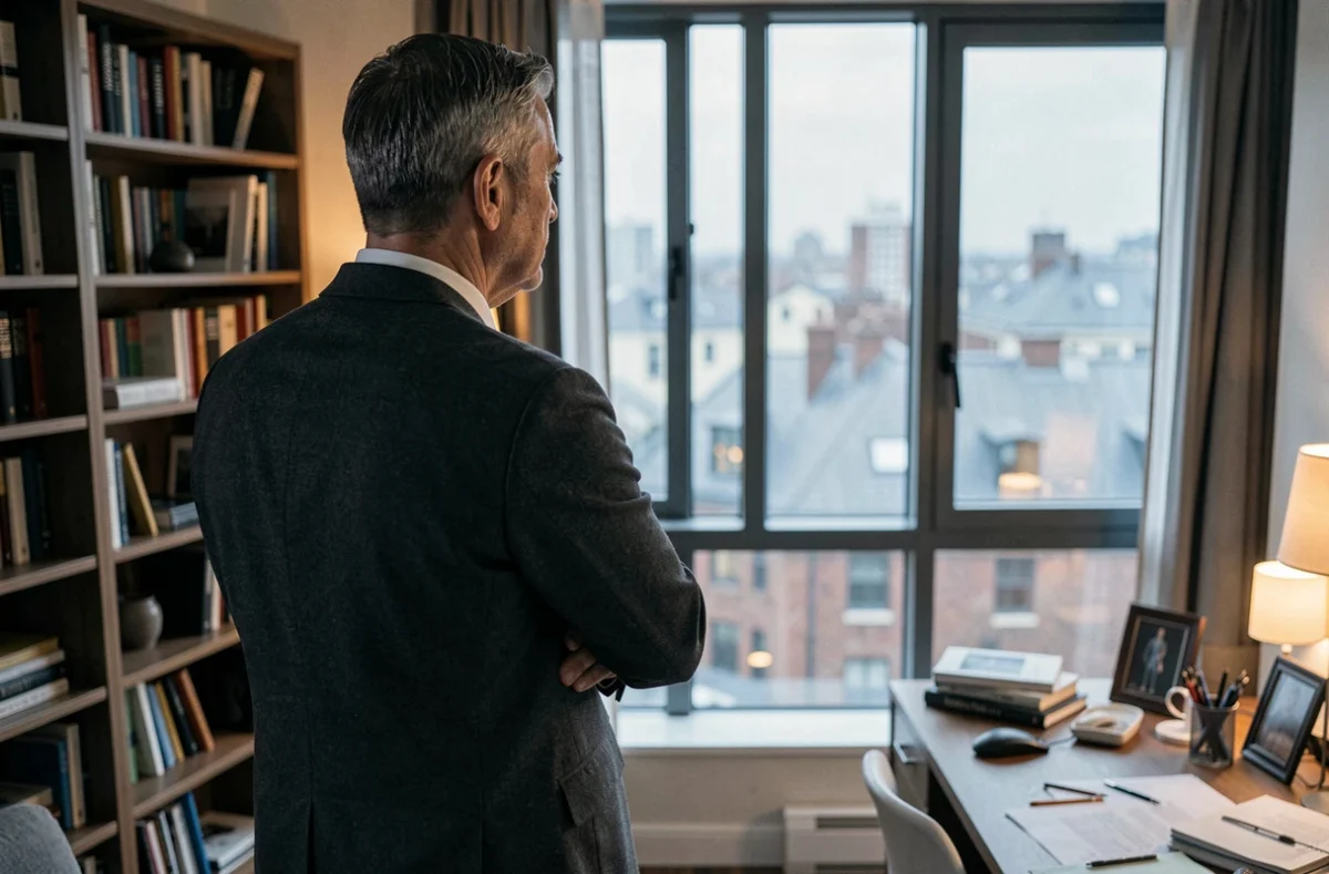 Homme de dos regardant par la fenêtre d'un appartement, symbolisant le silence et la vie privée préservée
