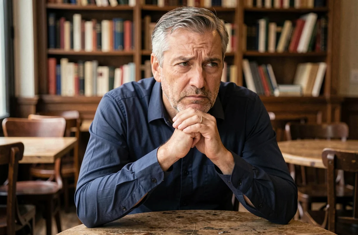 Homme songeur attablé seul dans un café parisien, regard introspectif évoquant vie privée et confidences