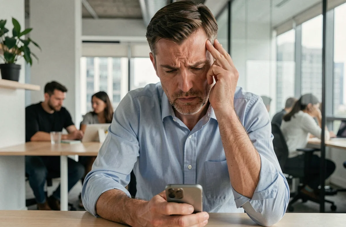 Homme concentré résolvant un jeu sémantique sur smartphone pendant sa pause au bureau