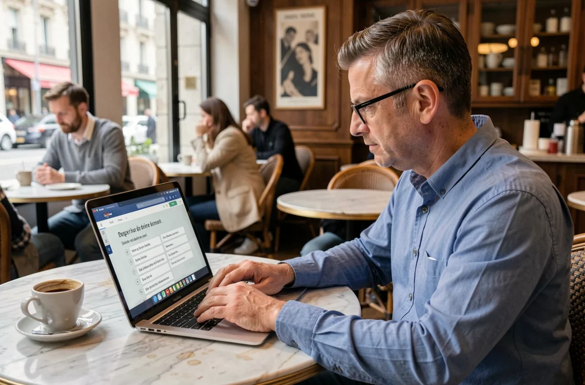 Homme d'âge mûr avec lunettes passant un quiz d'orthographe française en ligne sur son ordinateur portable dans un café urbain