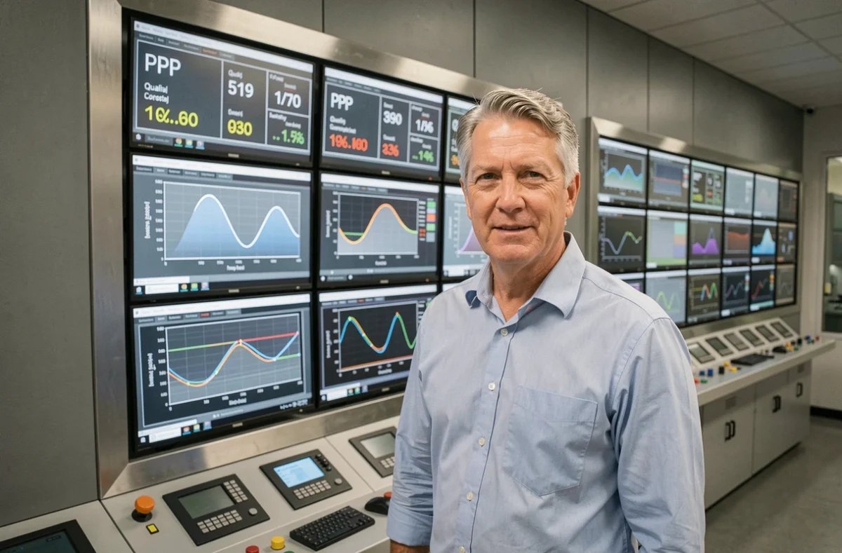Ingénieur qualité analysant des données PPM sur un tableau de bord numérique dans une salle de contrôle industrielle