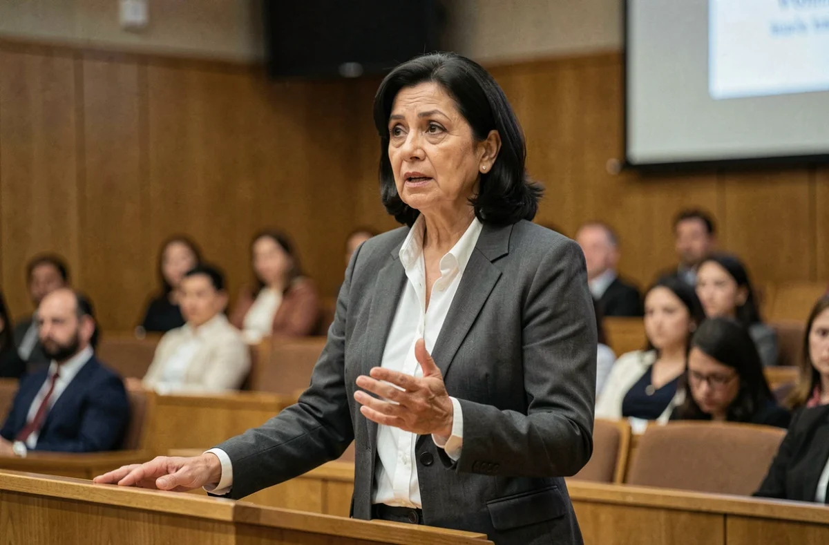 Femme prenant la parole dans un amphithéâtre universitaire, illustrant l'engagement public et la carrière politique d'Ingrid Betancourt après sa libération