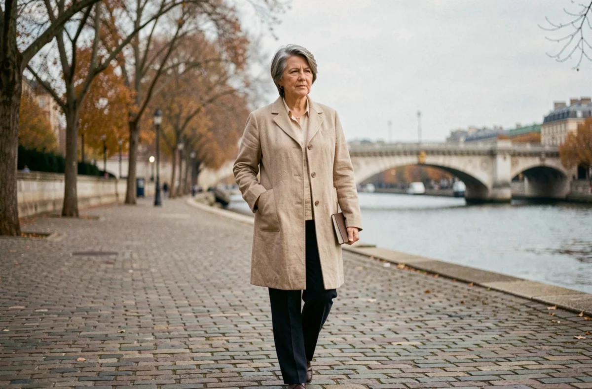 Femme marchant le long des quais parisiens en automne, évoquant la reconstruction personnelle et la liberté retrouvée d'Ingrid Betancourt