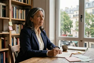 Femme d'une cinquantaine d'années assise à un bureau en bois dans un appartement parisien, symbolisant la vie après la captivité d'Ingrid Betancourt
