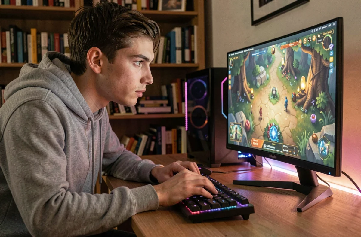 Joueur concentré sur une quête de jeu vidéo fantasy devant son écran de gaming