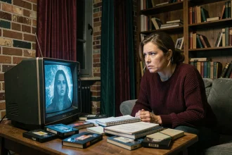 Femme regardant une télévision vintage dans un salon sombre avec des VHS éparpillés, évoquant l'univers de Lune Démoniaque