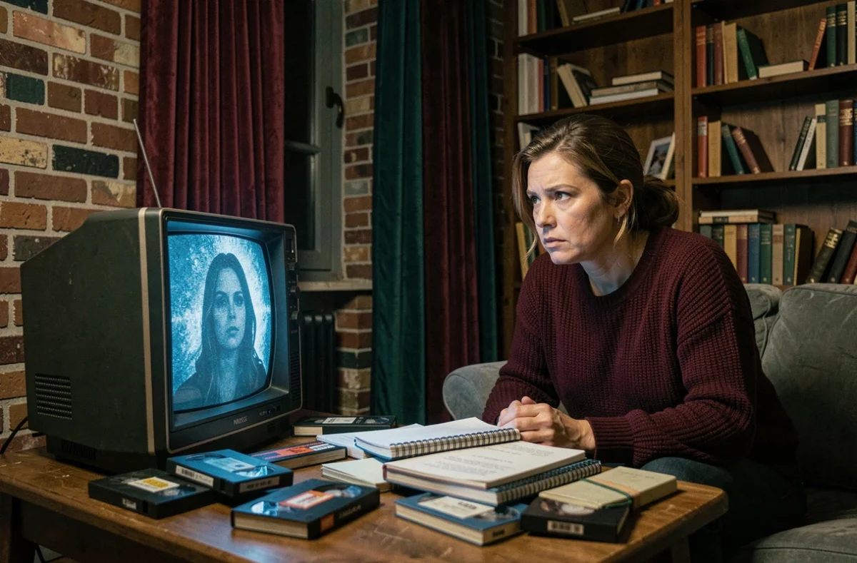 Femme regardant une télévision vintage dans un salon sombre avec des VHS éparpillés, évoquant l'univers de Lune Démoniaque