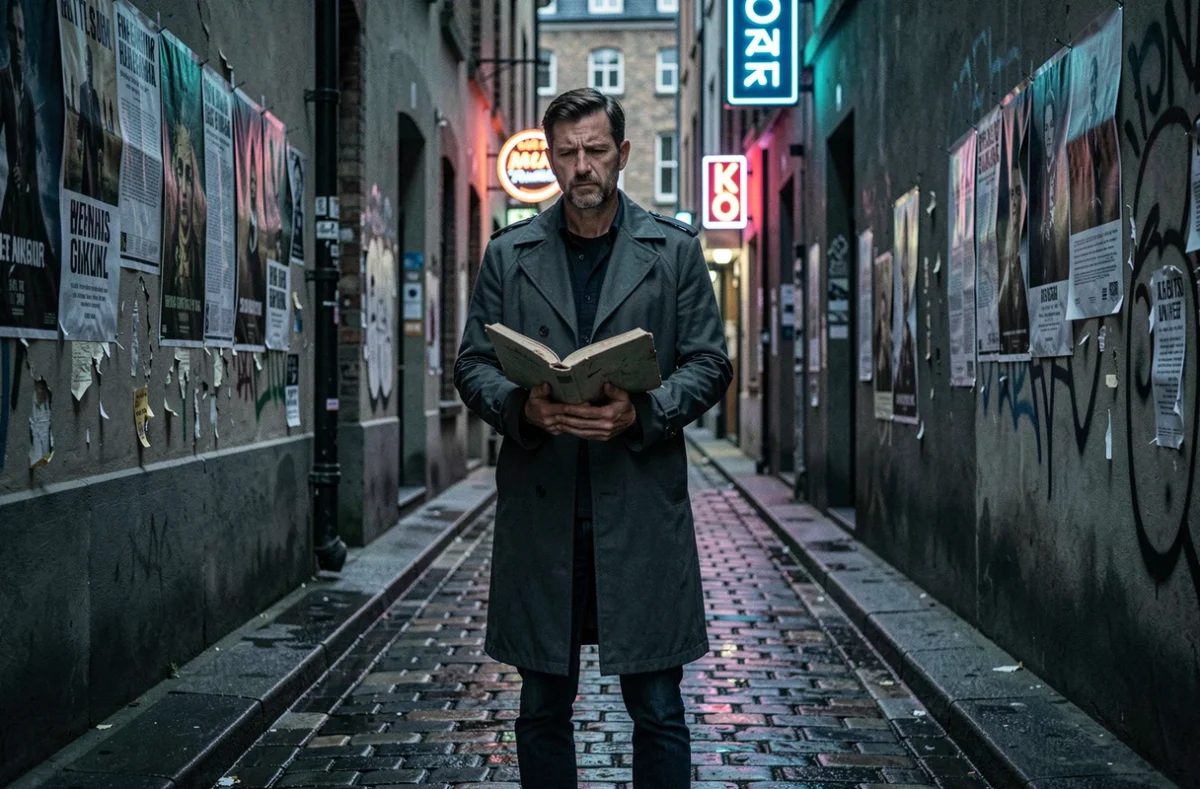 Homme en imperméable dans une ruelle urbaine sombre tenant un livre usé, ambiance gothique et mystérieuse inspirée de Lune Démoniaque