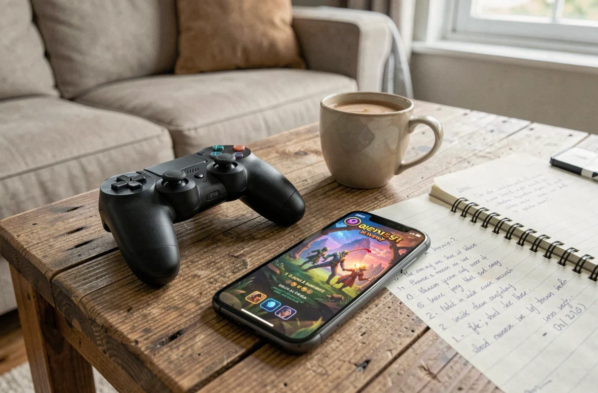 Manette de jeu et smartphone affichant des récompenses de quête dans un univers fantasy