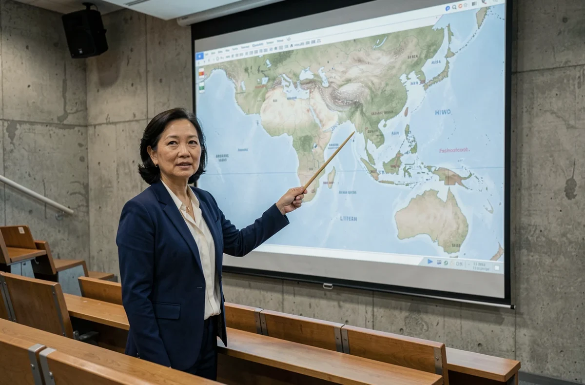Professeure de géographie présentant une carte numérique de l'Asie et ses îles périphériques dans un amphithéâtre universitaire