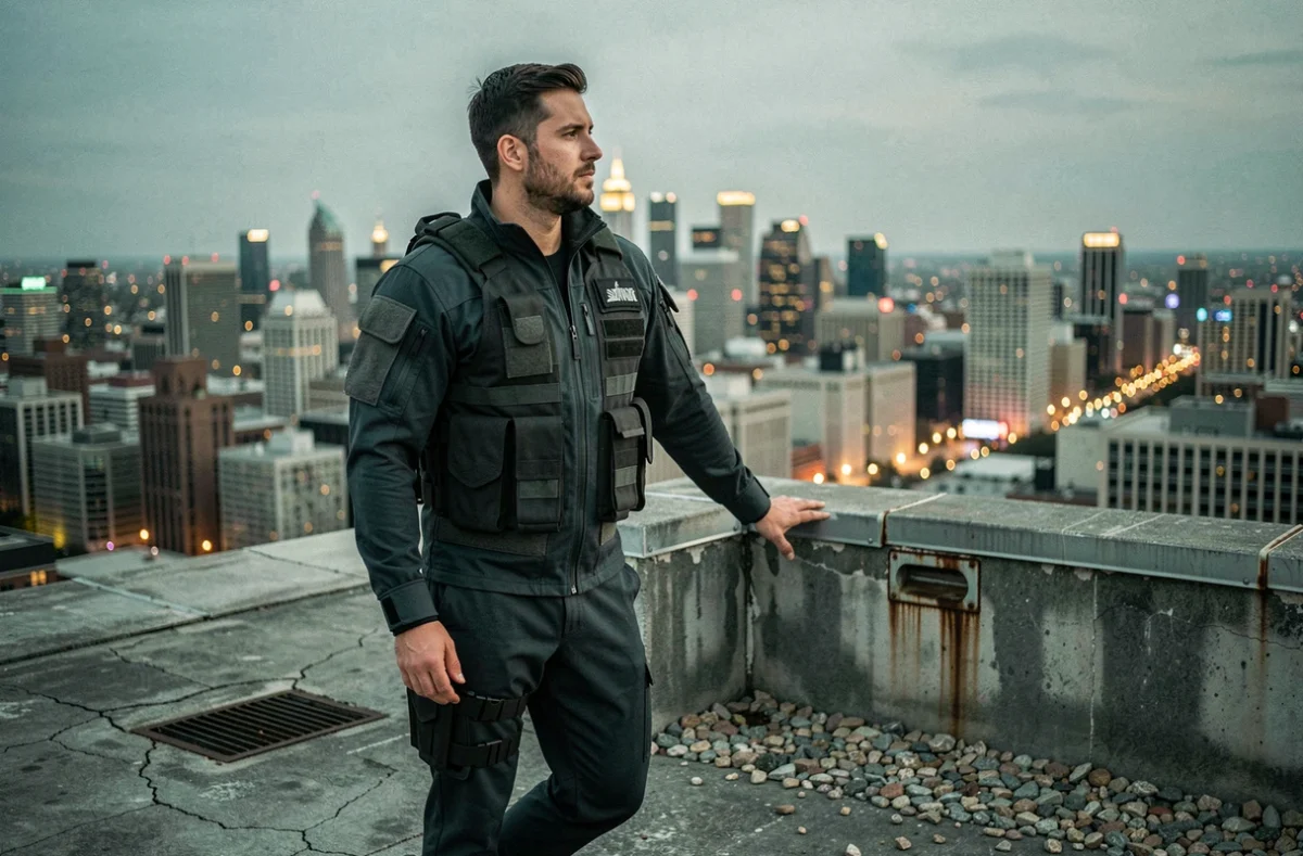 Homme en tenue tactique sur un toit urbain contemplant la ville, illustrant la montée en puissance et la progression d'un héros au fil des arcs narratifs