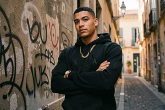 Jeune rappeur français dans une ruelle urbaine de Marseille, style SCH, nouvelle génération du rap français