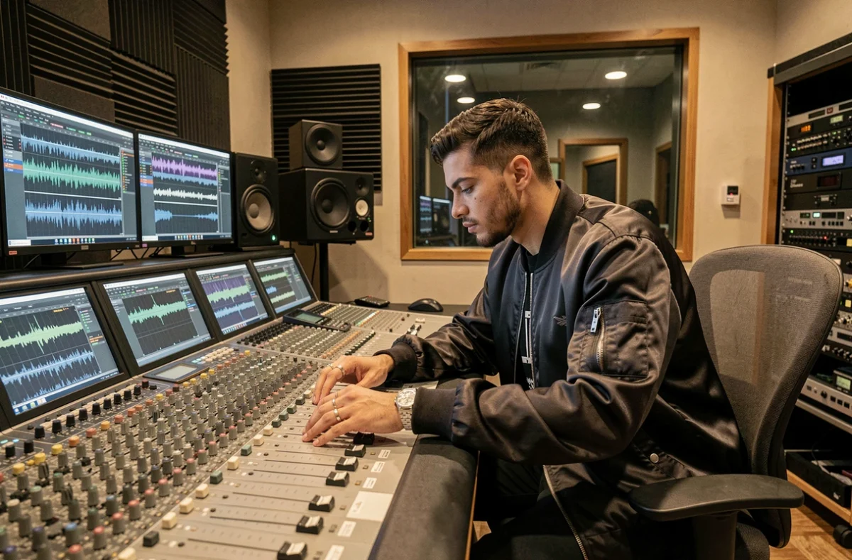 Rappeur et producteur de rap français en studio d'enregistrement, univers musical de la nouvelle scène rap
