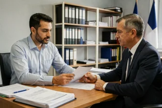 Un réfugié en entretien administratif pour sa demande de nationalité française dans un bureau officiel