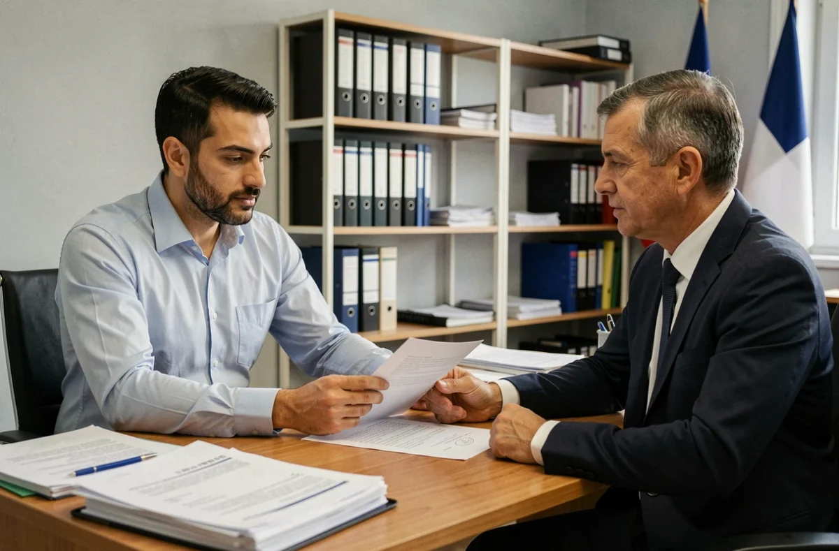 Un réfugié en entretien administratif pour sa demande de nationalité française dans un bureau officiel