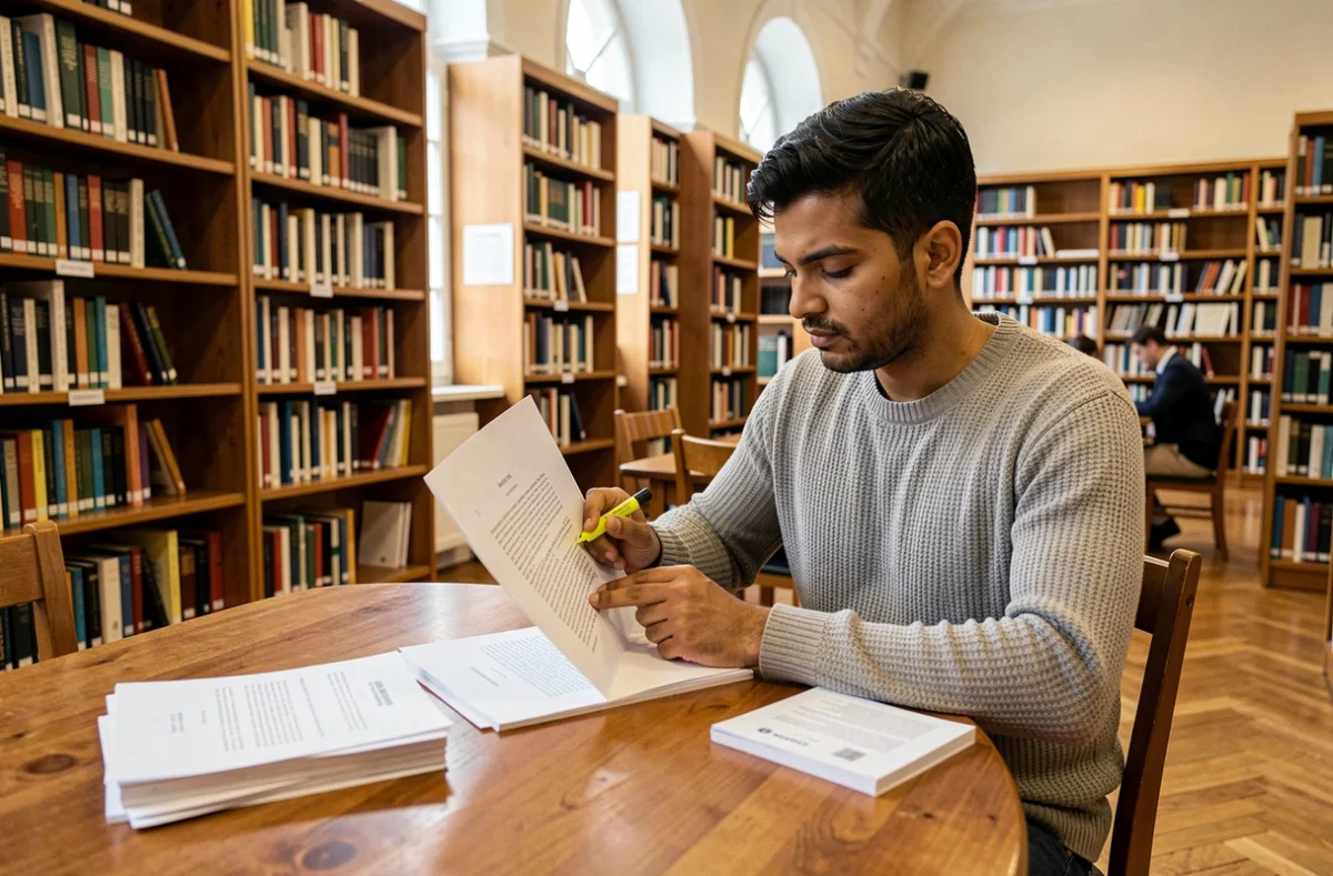 Un homme réfugié étudiant les conditions légales pour obtenir la nationalité française dans une bibliothèque